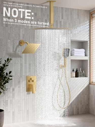 Woindo Shower Faucet Set, 10" Ceiling Mount Rainfall Shower System with 2 Rain Shower Head and Multi-function Handheld Head Push Button Diverter Shower Faucet Trim Kit