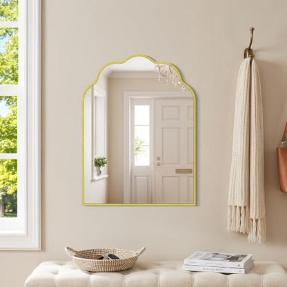 Gold Arched Mirror, 18×24Inch Scalloped Bathroom Mirror, Wavy Wall Mounted Vanity Mirror with Aluminum Alloy Frame for Livingroom Bedroom and Entryway, Tempered Glass