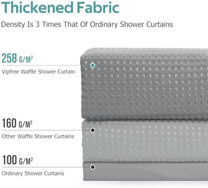Vipfree 3 in 1 Shower Curtain Set, Waffle Shower Curtain and Liner Set with 12 Double Sided Shower Curtain Hooks, 258GSM Luxury Weighted Cloth Shower Curtains for Bathroom, 72 W x 72 H, Grey