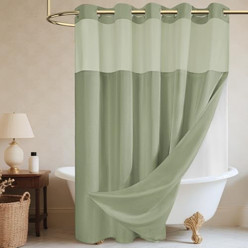 WONICY No Hook Shower Curtain with Snap-in Liner, Sage Green, 71 x 74