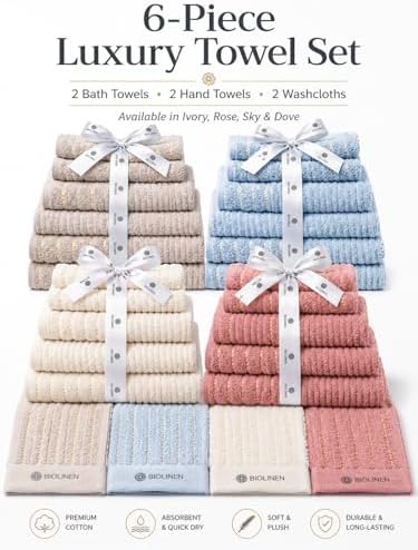 BIOLINEN Ivory 6 Piece Towel Set, 2 Bath Towels 2 Hand Towels 2 Washcloths, 100% Cotton Soft Absorbent Towel Sets for Bathroom Home Gym Spa Travel