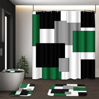 Bathroom Sets with Shower Curtain and Rugs, 4 Pcs, Geometric Green