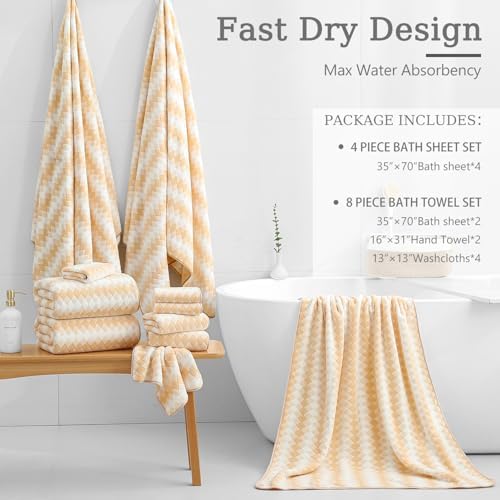 4 Piece Extra Large Bath Towel Set Oversized Bath Sheet 35"x70" Bathroom Towel Set Soft Highly Absorbent & Quick Dry Premium Bath Towel for Bathroom 600GSM Shower Towel Spa Gym Hotel,Beige