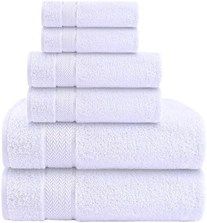 6 Piece 100% Cotton Bath Towel Set - 2 Bath - 2 Hand - 2 Face, White
