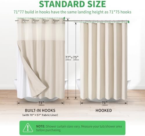 eachope No Hooks Needed Linen Textured Shower Curtain with Snap-in Fabric Liner Set,Cream Hotel Luxury Decor Shower Curtains for Bathroom,Waterproof & Washable,71Wx77H