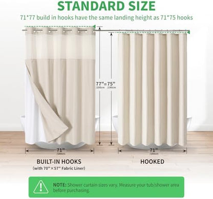eachope No Hooks Needed Linen Textured Shower Curtain with Snap-in Fabric Liner Set,Cream Hotel Luxury Decor Shower Curtains for Bathroom,Waterproof & Washable,71Wx77H