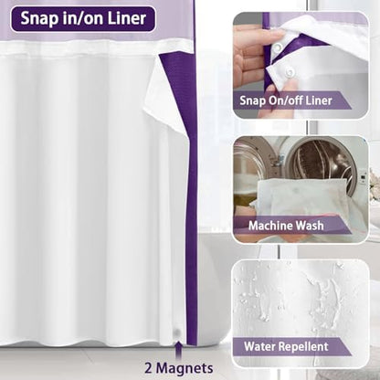 No Hook Shower Curtain with Liner Set Hotel Waffle Deep Purple 72W X 75L