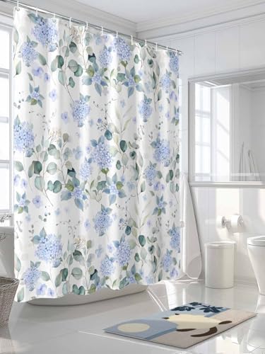 Shower Curtain Bathroom Set Summer Watercolor Blue Hydrangea Waterproof Fabric Shower Curtains with Grommets&Hooks Pastoral Eucalyptus Leaf Privacy Bath Curtain for Bathtub Decor 72x72IN