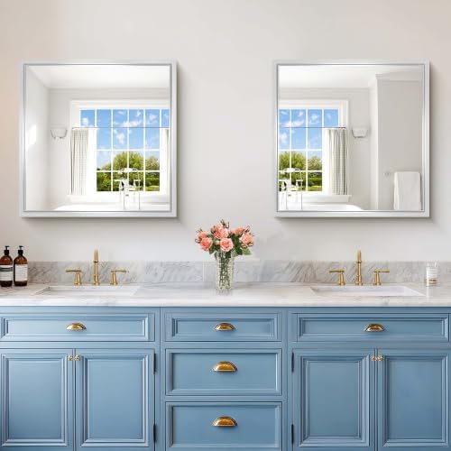 30x30 Silver Bathroom Mirror, Brushed Silver Rectangular Mirror for Wall, 0.6" Thickened Deep Frame Mirrors for Bathroom Sink, Shatterproof Tempered Glass, Antirust, Horizontally or Vertically