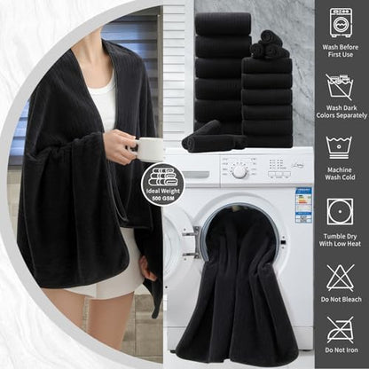 18 Piece Bath Towels Set,Super Soft Family Bathroom Towel Set with Hanging Loops-6 Bath Towels,6 Hand Towels,6 Washcloths,Highly Absorbent Quick Dry Shower Towel for Bathroom,Hotel,Spa-Black Towel Set