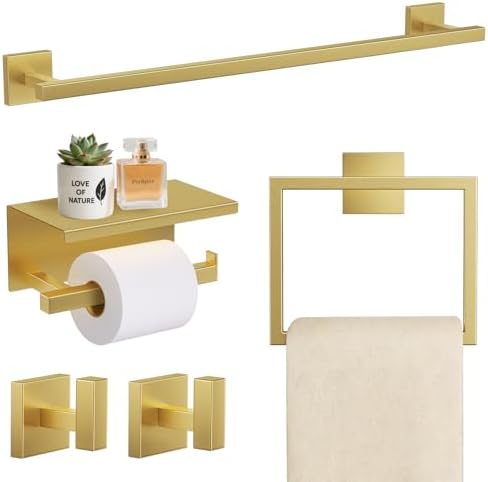 TURS Brushed Gold 5 Pieces Bathroom Hardware Set, SUS304 Stainless Steel 23.6 Inch Bath Towel Bar Set, Square Bathroom Accessories Kit Wall Mounted
