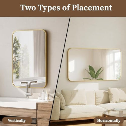 BEAUTYPEAK 24" x 36" Rectangular Aluminum Alloy Frame Wall Mounted Bathroom Mirror with Rounded Corners, Gold