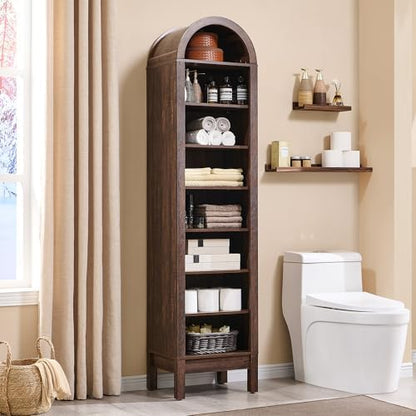 IFBUY 71" Tall Arched Bathroom Storage Cabinet, 8-Tier Modern Farmhouse Storage Cabinet with Adjustable Shelves, Wood Freestanding Cabinet for Bathroom, Living Room, Entryway, Hallway (Brown)