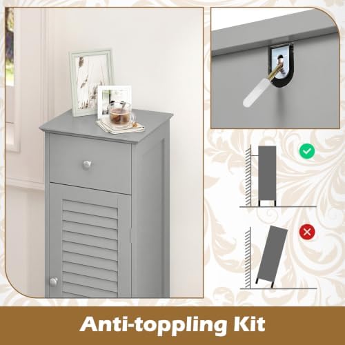 GIANTEX Bathroom Floor Storage Cabinet with Louvered Door and Drawer, Grey