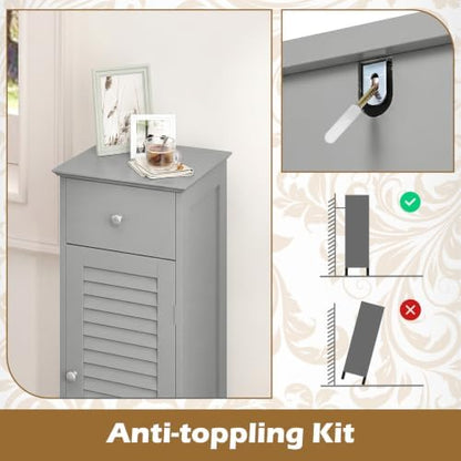 GIANTEX Bathroom Floor Storage Cabinet with Louvered Door and Drawer, Grey