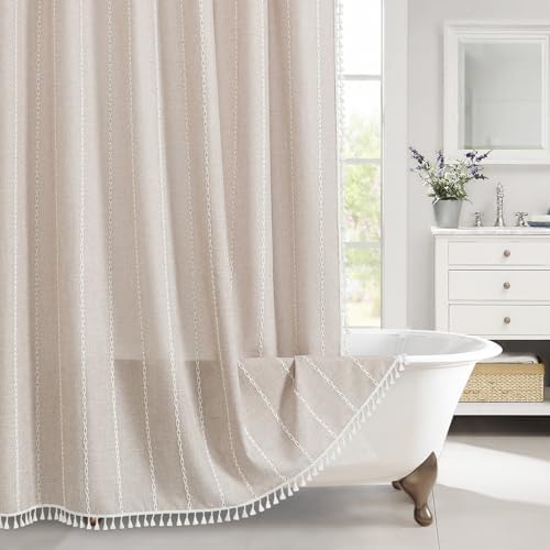 MitoVilla Boho Tassel Linen Shower Curtain,3D Embroidery Stripe Taupe,72x84