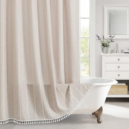 MitoVilla Boho Tassel Linen Shower Curtain,3D Embroidery Stripe Taupe,72x84