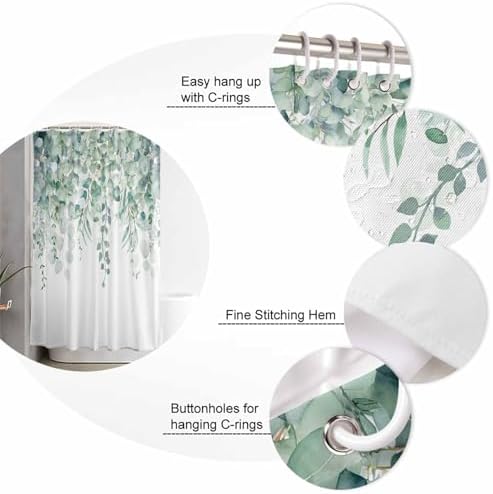 Shower Curtain Bathroom Set Green Eucalyptus Leaf on White Waterproof Shower Curtains with Grommets Hooks Fallen Leaves Watercolor Privacy Bath Curtain for Bathtub Decor 72x78in