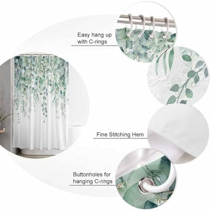 Shower Curtain Bathroom Set Green Eucalyptus Leaf on White Waterproof Shower Curtains with Grommets Hooks Fallen Leaves Watercolor Privacy Bath Curtain for Bathtub Decor 72x78in