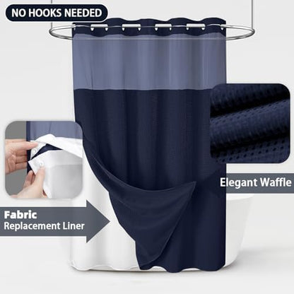 No Hook Shower Curtain with Liner Set Hotel Waffle Curtain Blue 72W X 75L