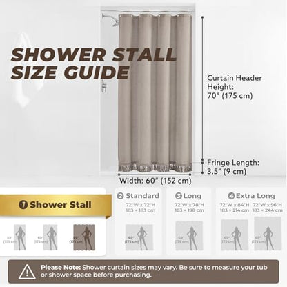Linen Shower Curtain Boho Taupe Shower Curtain with Tassels 60"L x 72"L