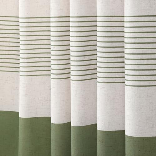 Sage Green Boho Linen Striped Shower Curtain with Tassel 72"W X 90"L