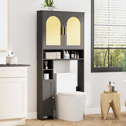 Homhedy Wooden Over The Toilet Storage Cabinet, Natural and Black