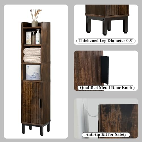 FerniTry Narrow Bathroom Storage Cabinet, Corner Toilet Paper Floor Cabinet 5 Tiers with Door and Shelves,Bathroom Organizer with Adjustable Shelf, for Small Spaces(Rustic Brown)