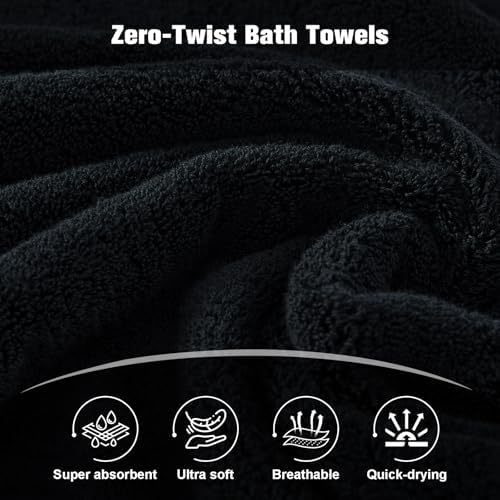 COZYART Luxury Bath Towels 4 PCS, 27x54 650 GSM Turkish Cotton, Black