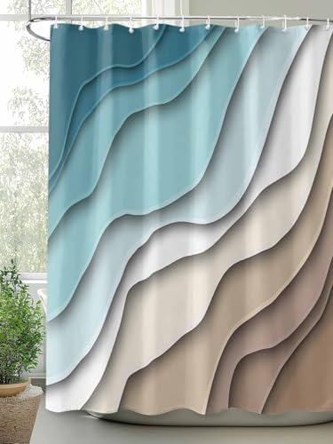 Shower Curtain Bathroom Set Teal Stripes Gradient Water Ripple Waterproof Shower Curtains with Grommets Hooks Brown Abstract Geometric Modern Art Privacy Bath Curtain for Bathtub Decor 72x78in