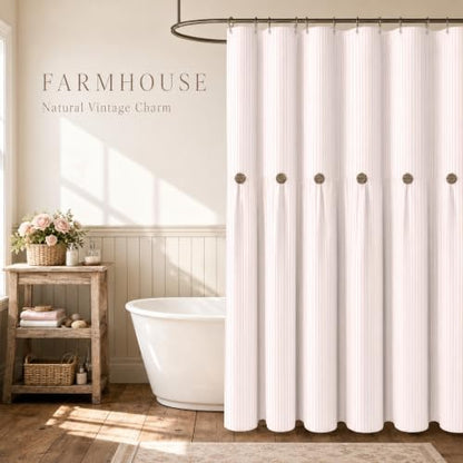 Farmhouse Shower Curtain Button Pink Stripe 72" W x 72" L