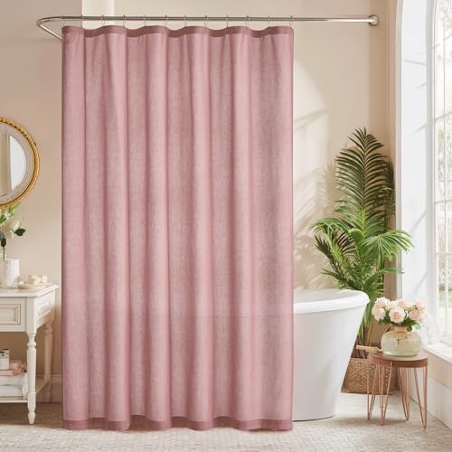 KGORGE Linen Fabric Shower Curtains-Semi Sheer Button Hole Lightweight Waterproof Privacy Light Filtering Shower Curtains for Nursery Bathroom with 12 Hooks, 72 x 72 inches Long, Dusty Pink, 1 Panel