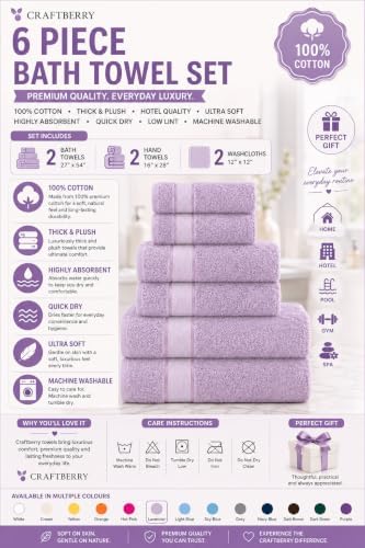 6 Piece Bath Towel Set, 2 Bath, 2 Hand, 2 Washcloths, Lavender