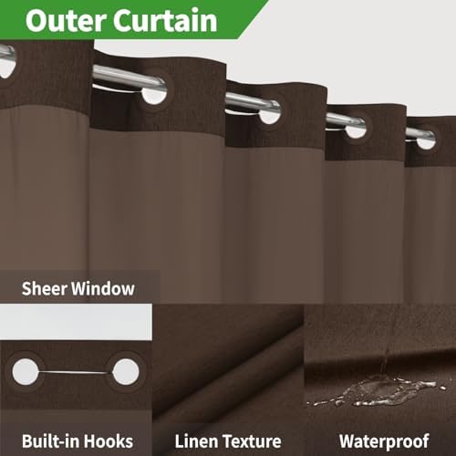 eachope No Hook Linen Texture Shower Curtain with Snap-in Liner,71x80 Brown