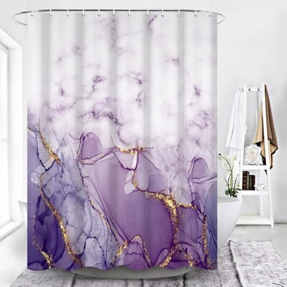 Marble Shower Curtain, Ombre Purple Gold Ink Shower Curtains for Bathroom, Modern Abstract Aesthetic Bathtub Decor Waterproof Fabric Watercolor Bath Curtain Set with Hooks 66x72 inch