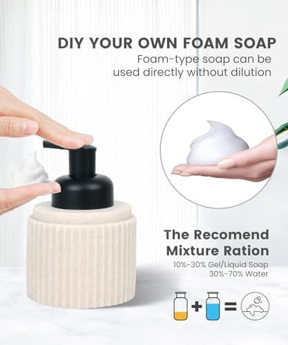 Beige Bathroom Accessory Set - 6 Pcs: Toothbrush Holder, Lotion & Foaming Soap Dispensers, Qtip Holder, Vanity Tray, Bathroom Tumbler - Countertop Organizer
