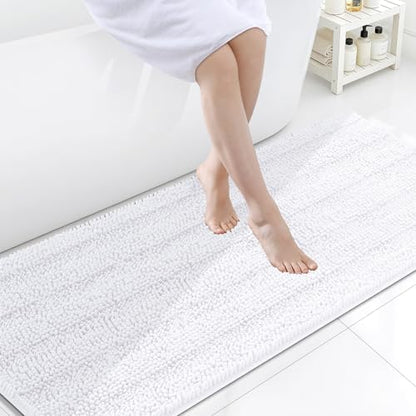 Grandaily Chenille Striped Bathroom Rugs 70x24, Extra Thick and Soft Absorbent Bath Mats, Rubber Backing, Plush Shaggy Shower Carpet, Machine Wash Dry, Bath Rug for Bathroom, Solid White