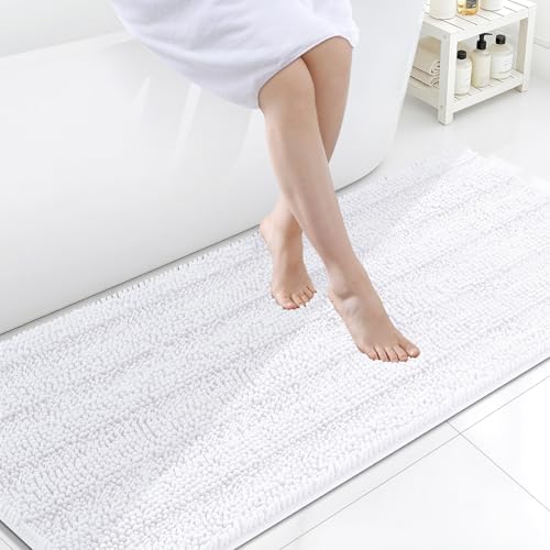 Grandaily Chenille Striped Bathroom Rugs 59x24, Extra Thick and Soft Absorbent Bath Mats, Rubber Backing, Plush Shaggy Shower Carpet, Machine Wash Dry, Bath Rug for Bathroom, Solid White