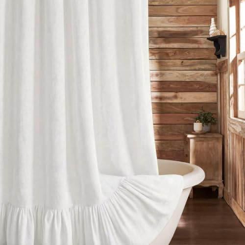 Farmhouse Shower Curtain Ruffle Linen White 48" W x 72" L