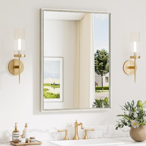 Keonjinn 24 x 32 Inch Brushed Nickel Bathroom Mirror, Aluminum Metal Frame