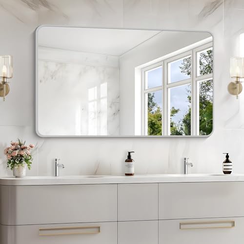 48x30 Inch Silver Bathroom Mirror, Metal Framed Silver Rectangle Mirrors, Rounded Rectangular Vanity Mirror, Wall Mounted Mirrors for Living Room Bedroom Entryway Hangs Horizontal or Vertical