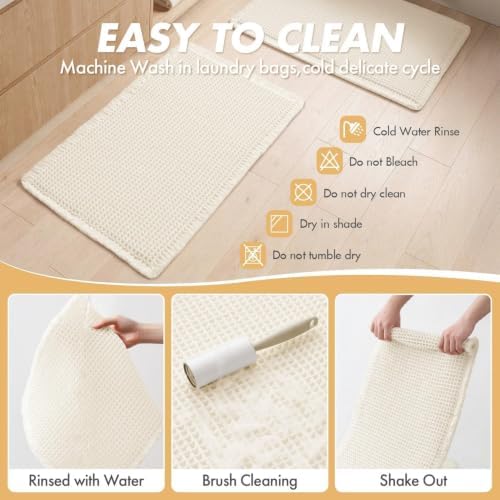 MIULEE Set of 2 Waffle Bathroom Rugs Boho Bath Mat Cream White 18x30 Inch