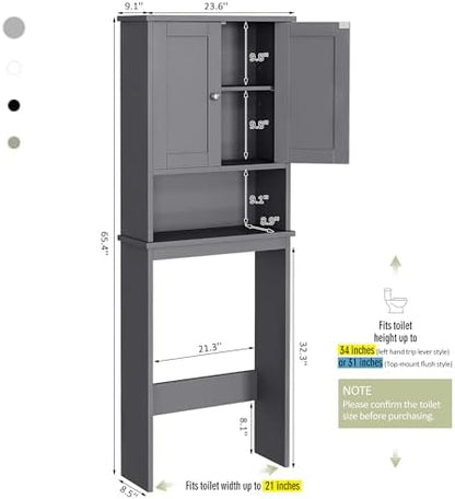 Over the Toilet Storage Cabinet, Bathroom Storage Cabinet Over Toilet with 2 Wood Doors, Freestanding Space Saver, Adjustable Shelf & Open Shelf, Grey