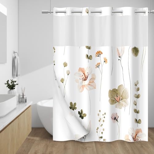 WITHLOC No Hook Floral Shower Curtain with Liner, Khaki, 71x74