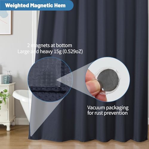 2-in-1 Waterproof Fabric Shower Curtain - No Separate Liner Needed, Hotel-Style Waffle Weave, Effortless Cleaning & Washable Bathroom Shower Curtain Set,72Wx84H,Navy Blue