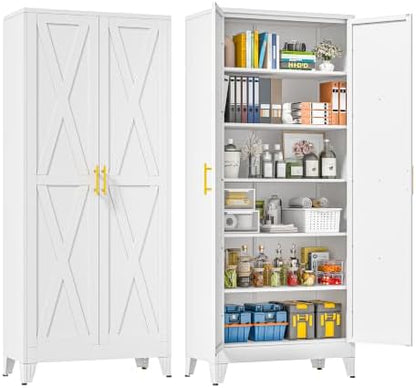 75" Metal Storage Cabinet with 2 Doors and 5 Adjustable Shelves,White Farmhouse Kitchen Pantry Cabinet,Steel Garage Tool Cabinet,File Cabinetfor Home,Office,Dinning Living Room,Warehouse