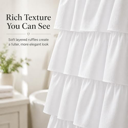 White Ruffle Shower Curtain for Bathroom, 72X84, Layered Ruffles Texture