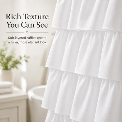 White Ruffle Shower Curtain for Bathroom, 72X84, Layered Ruffles Texture