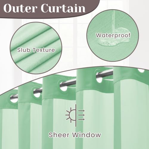 SORTTO No Hook Slub Shower Curtain with Liner, 71x74, Aqua Green