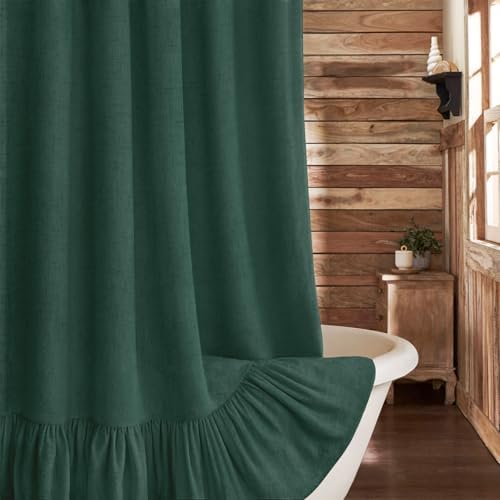 Farmhouse Shower Curtain Ruffle Linen Flax Dark Green 72" W x 72" L